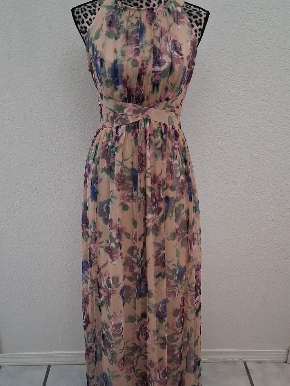 Lovely Grace Long Floral Chiffon Dress in Cream and Purple Halter.  Mesh (S)